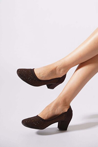 Moda Pie Kehres Cam Stone Mesh Women's Heeled Shoes Brown Satin