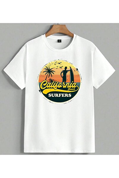 ELFERA California Beach Surfer Logoy Printed Unisex Oversize T-Shirt White