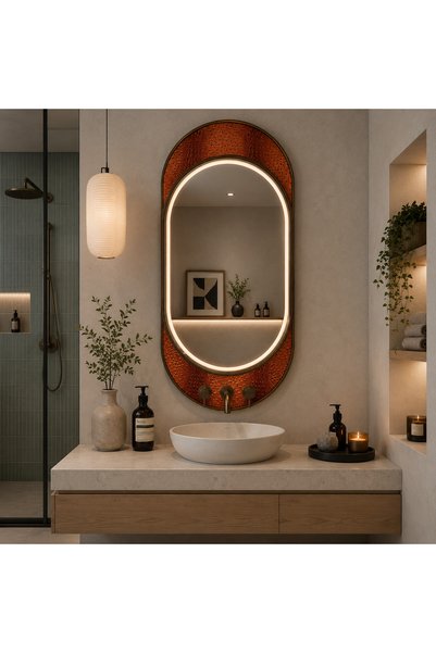 Alessandro DESIGN Oglinda LED NORILSK, 55x110cm, Auriu Lucios, Senzor, Lumina 3000K, 4000K, 6000K, Sistem Dezaburire, Metal, Functii Ceas si Temperatura
