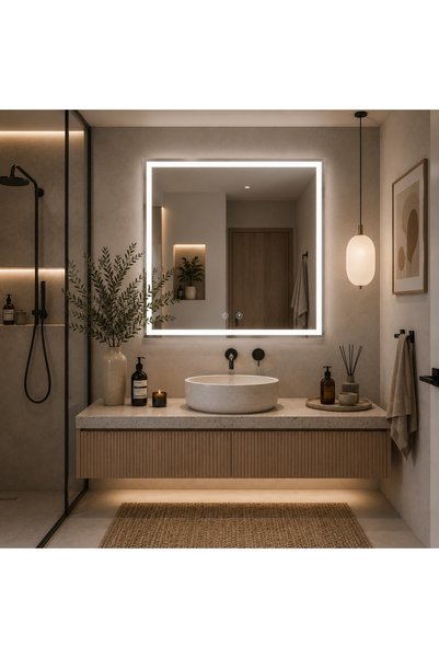 Alessandro DESIGN Oglinda LED WAMOSK, 52W, 75x90cm, Alb, Senzor, Lumina 3000K, 4000K, 6000K, Sistem Dezaburire, Metal, Functii Ceas si Temperatura