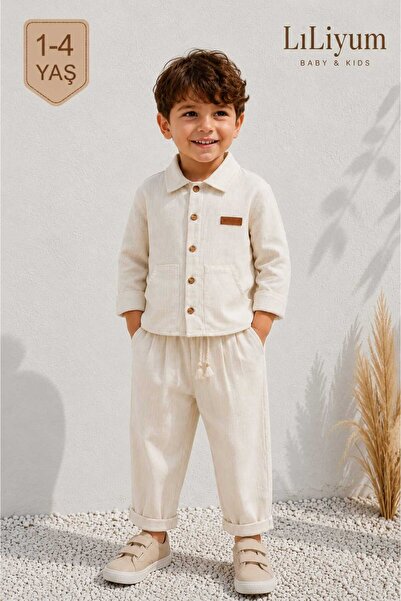 LİLİYUM 1-4 Years Boys' Linen Look Shirt and Pants Set - Stylish and Comforta...