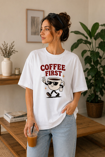 BAGAND تي شيرت فاخر مطبوع عليه Premium Coffee First للجنسين، مصنوع من القطن ب...