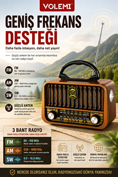 VOLEMİ Bluetooth Nostaljik Taşınabilir Radyo FM AM SW USB TF Kart Destekli LED Fenerli Şarjlı 5W Retro Radyo