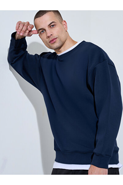 Styli Navy Blue Slogan Print Fleece Sweatshirt