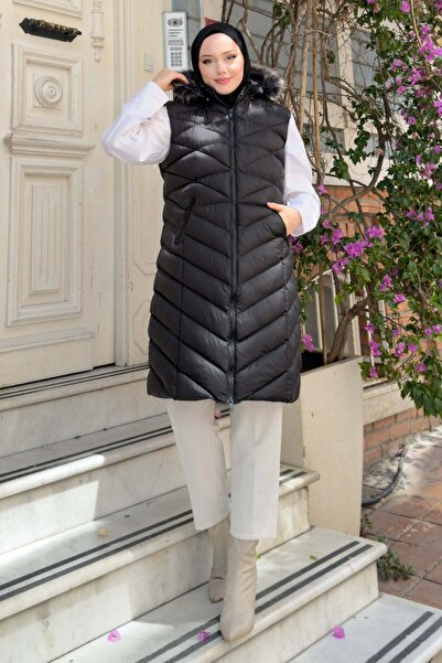 Modamihram Venza Fur Detailed Quilted Vest Black 6164