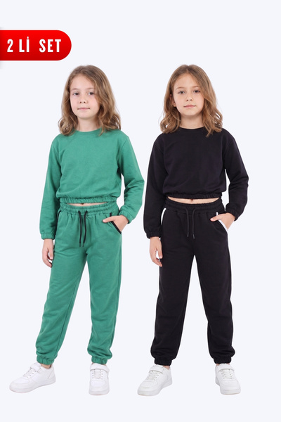 FYK KİDS 2-Piece Round Neck, Elastic Waist, Cropped Cut, 4-Piece Girls' Top a...