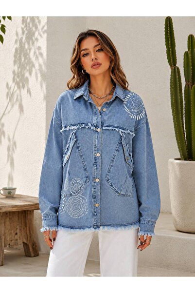 Nura Boutique Oversize Baskılı Kot Salaş Denim Ceket