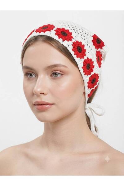 Kadın El Örgüsü Çiçek Desenli Bağlamalı Bandana Saç Bandı