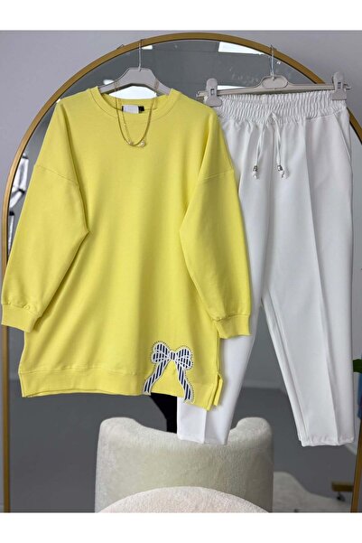 modasindoma Ribbon Embroidered Hijab Tunic and Pants Set Yellow