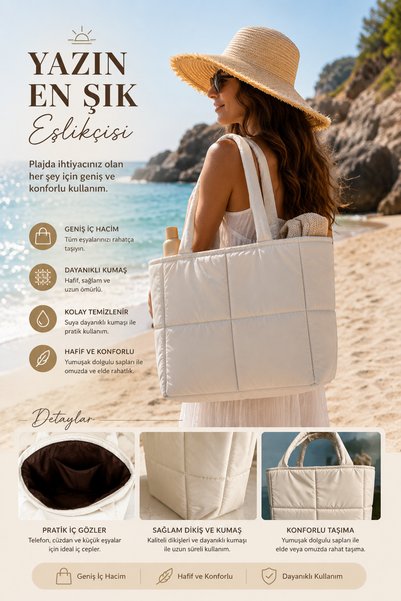 Elay Tekstil Quilted Water-Repellent Beach Bag Large Size Zippered Shoulder Bag with Large Internal Volume Cream
