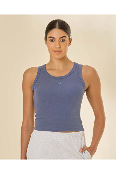 REDTAG Women Blue Plain Rib Sleeveless T-Shirt