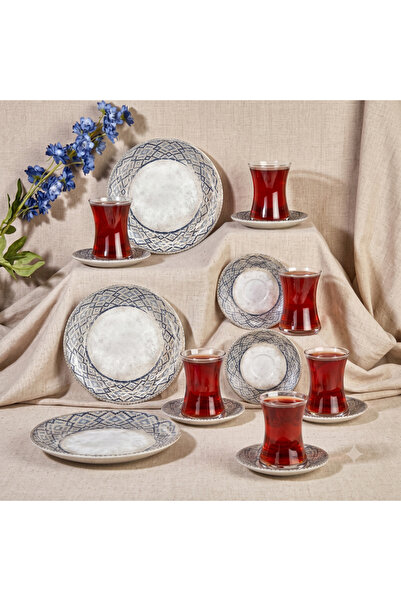 By Bone Porselen Rug 18 Parça 6 Kişilik Pasta Seti ve Çay Seti