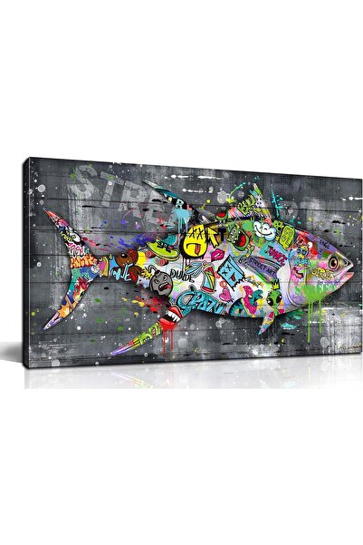 HOME MODE Graffiti Shark Canvas Wall Art | 50x100 Inches Gallery Wrapped | Co...