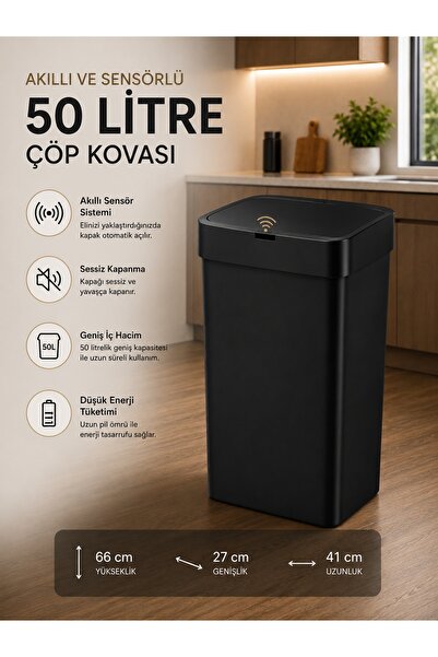 clasavm 50 Litre Büyük Boy Siyah Sensörlü Çöp Kovası | Mutfak-Banyo Sessiz Kapatma Hareketli Çöp Kovası