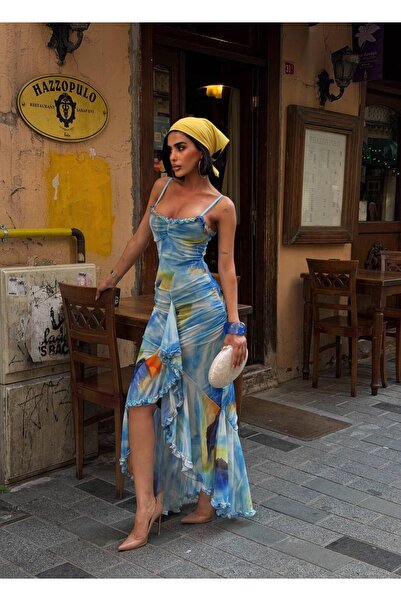 Sedoco Tül Baskı Fırfırlı Valencia Model Ayarlanabilir Askı Elbise - Mavi