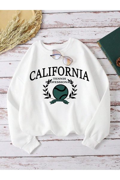 WESTİMO Women's White California Tennis Printed Oversize Sweatshirt