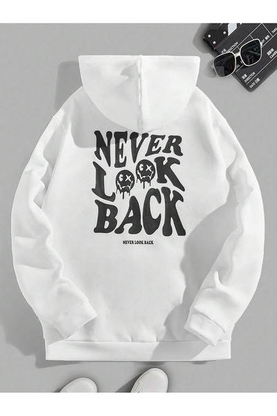 WESTİMO Unisex White Never Look Back Printed 3 Thread Hooded Hoodie Sweatshirt