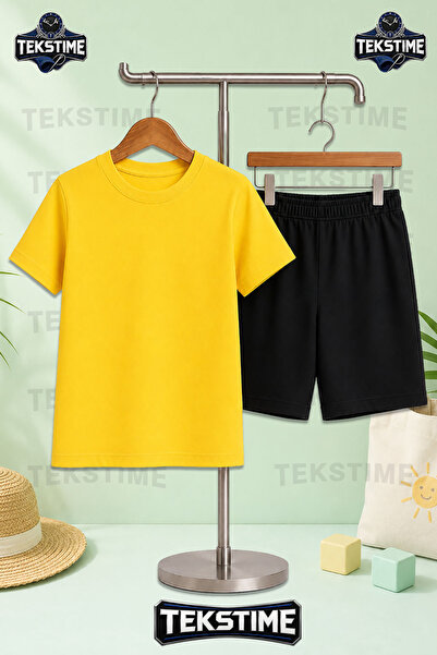 TEKSTIME Unisex Çocuk Tişört - Şort Takım Sade Model Baskısız Bisiklet Yaka