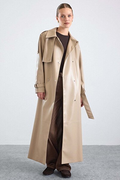 Olcay Long Leather Trench Coat with Epaulet and Cape Detail, Snap Closure, St...
