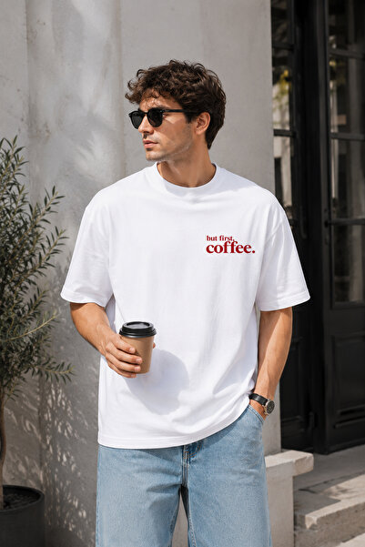 BAGAND Premium but First Coffee Written Minimal Oversize Unisex T-Shirt 100% ...