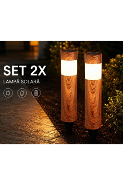 OEM Set 2 x Lampi Solare LED pentru Gradina si Alei, Aspect Lemn , Lumina Alb...