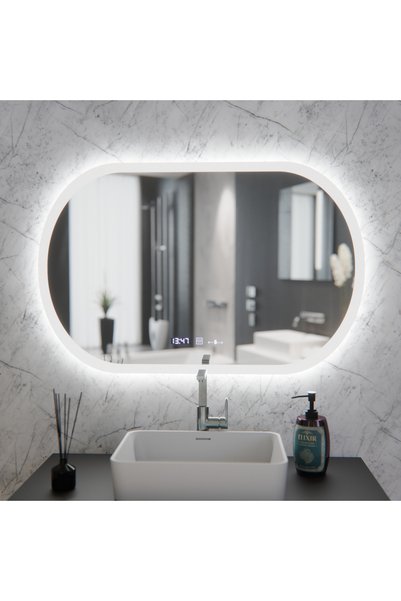 Alessandro DESIGN Oglinda LED Ovala, 80x50cm, Altera Senzor MotionGlow Marcello, Sistem Dezaburire, Ceas & Termometru, Dimabila