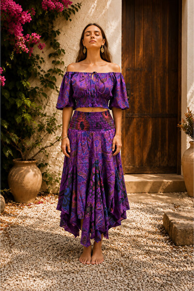 Miss Boheme Anka Mor Renk Desenli Bohem Crop Bluz Ve Asimetrik Etek Takım