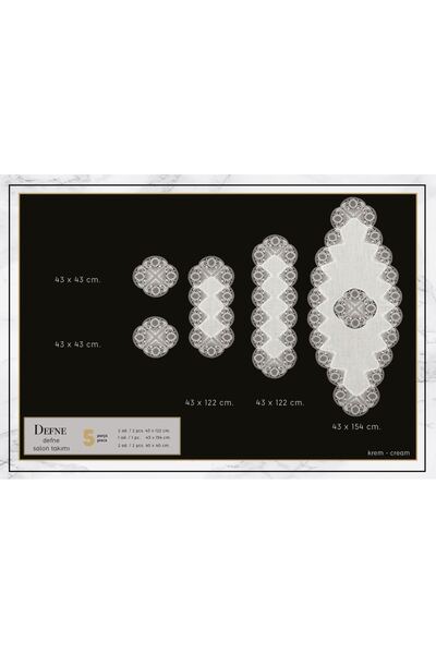 Ceki Home Living Room Set 5 Piece Linen Lace Tablecloth Runner Set Defne Mode...