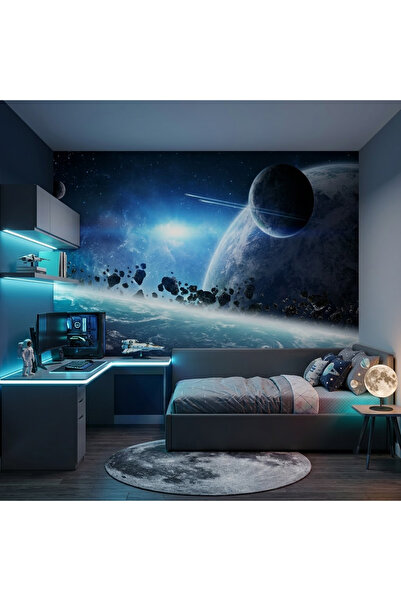 DecorDrive Derin Uzayda Gezegen ve Meteor Yağmuru Duvar Kağıdı