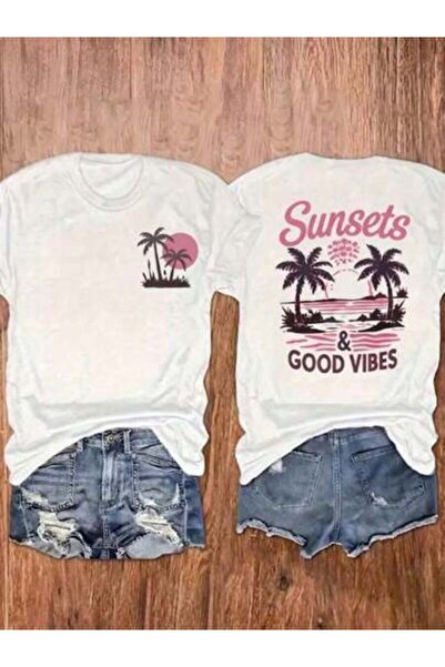 9TAY Unisex Round Neck Short-Sleeve T-Shirt With Palm Tree Sunset Pattern, An...