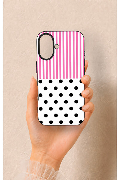 Vip Case iPhone 16 Uyumlu Pembe Çizgili Puantiye Desenli Silikon Kılıf