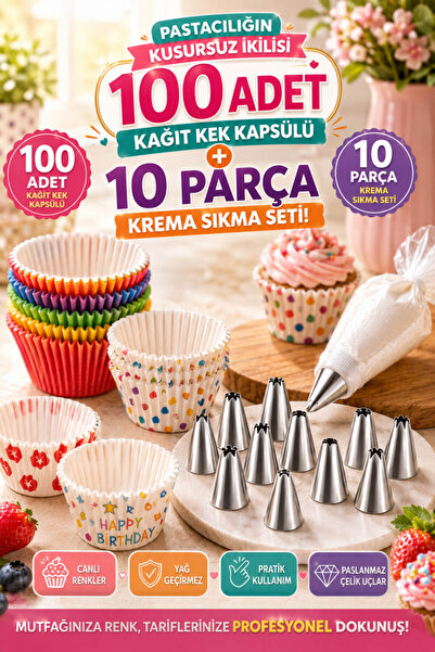 Anadolu Saray 100 Adet Renkli Kağıt Kek Kapsülü ve 10 Parça Krema Sıkma Seti ...