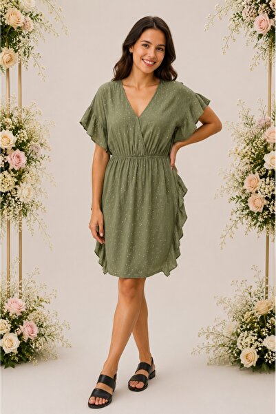 OEM Rochie Paula, din bumbac, imprimeu cu stelute, nuanta kaki