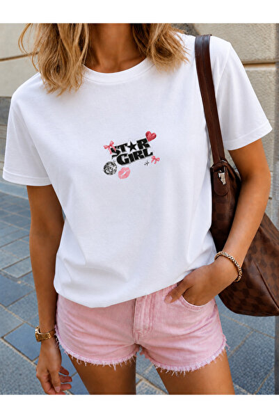 Star Girl Baskılı Basic Kadın Kısa Kollu Tişört