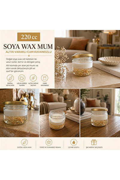 Genel Markalar Premium 220 cc Soya Wax Mum - Altın Varaklı Jel Mum - Cam Kava...