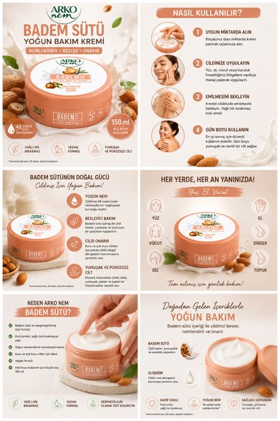 ARKO Badem Sütü Yoğun Bakım Kremi 150 ml - Yoğun Nemlendirici El, Yüz ve Vücut Bakım Kremi - Kuru Ciltler İçin (2 ADET)