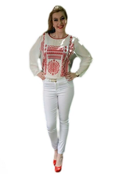 OEM Pantalon alb de vara, tip creoin cu strasuri mici, masura mare