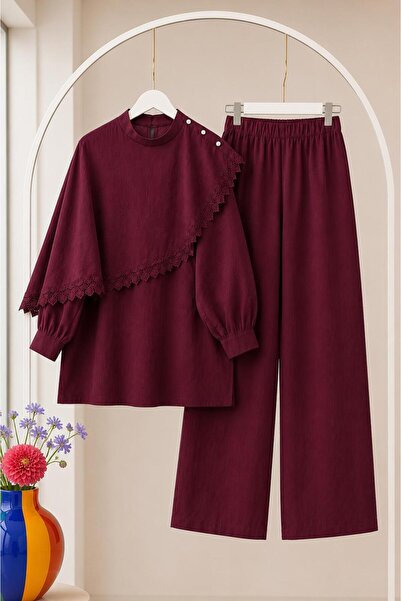 MODA VEDAT Women's Tunic Guipure Detailed Trousers Set -0700