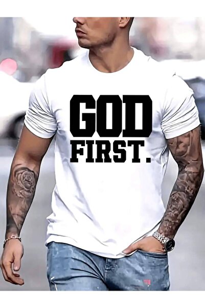 KYMC07 تي شيرت رجالي بطباعة GOD FIRST |   طباعة بيضاء بارزة على خلفية سوداء، ...