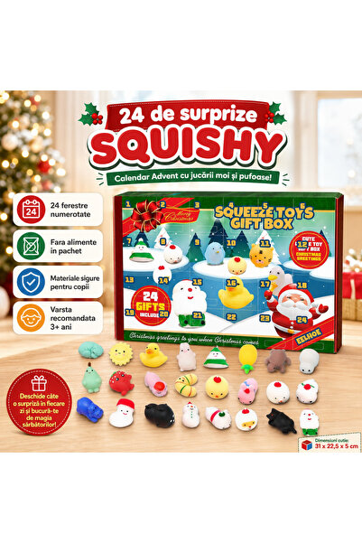 OEM Calendar Advent cu jucarii Squishy, 24 de ferestre numerotate, fiecare cu cate o surpriza, personaje cunoscute, materiale sigure pentru copii, tematica Craciun