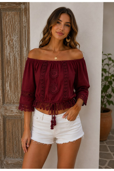Generic Brand Bluză damă din vâscoză bordo, cu umerii goi, broderie și dantelă