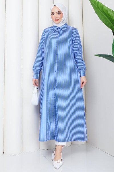 comstar Women's Buttoned Blue Striped Hijab Shirt Dress