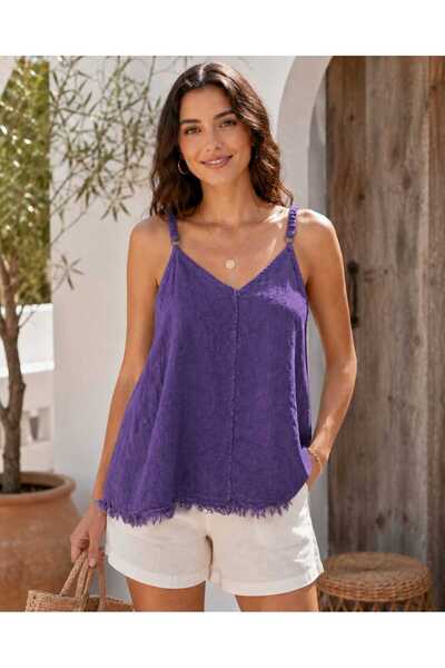 Butik Şans Women's V-Neck Adjustable Strap Tasseled Raw Edge Italian Linen Bl...