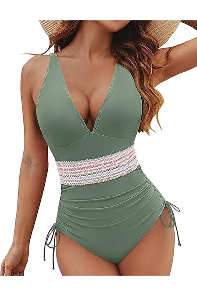 OEM Costum de Baie Întreg Damă LUNNTE - Modelator Abdomen, Push-up, Verde Mil...