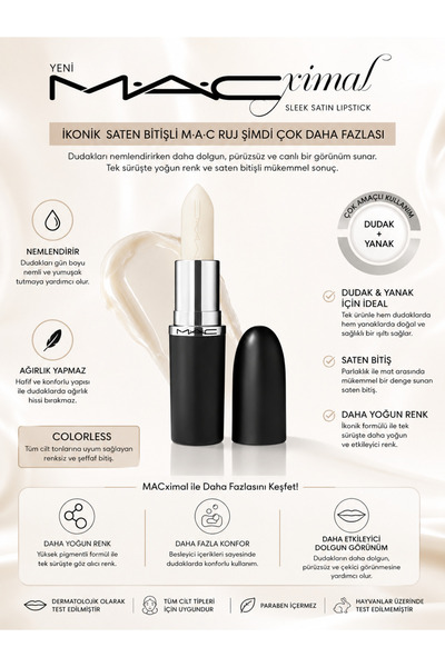 M.A.C Colorless - Macximal Sleek Satin Lipstick Iconic Satin Finish Moisturiz...