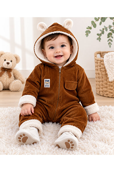 By Murat Bebe kapüşonlu peluş astarlı kadife bebek kozmonotu fermuarlı kışlık...
