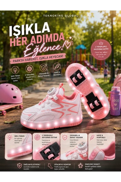 Xdeep Çıkarılabilir Tekerlekli LED Işıklı Çocuk paten Ayakkabısı Pembe