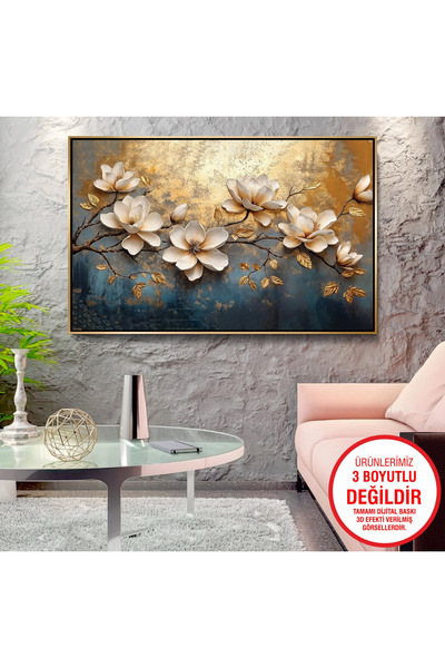 EMYA HOME Tablou pe pânză cu flori cu aspect în relief, cu ramă metalică aurie