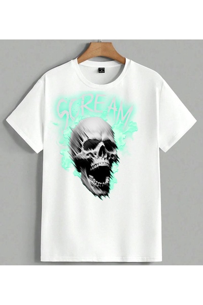 ELFERA Μπλουζάκι Scream Skull Neon Mint με στάμπα Unisex Oversize Λευκό