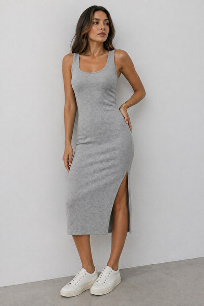 VERA Kadın U Yaka Yırtmaçlı Pamuklu Likralı Kaşkorse BodyCon Midi Elbise